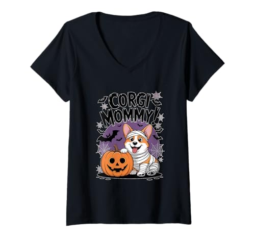 Damen Niedliche Mama Corgi und Kürbis Halloween Geist lustig T-Shirt mit V-Ausschnitt Damen Niedliche Mama Corgi und Kürbis Halloween Geist lustig T-Shirt mit V-Ausschnitt von Corgi Mummy
