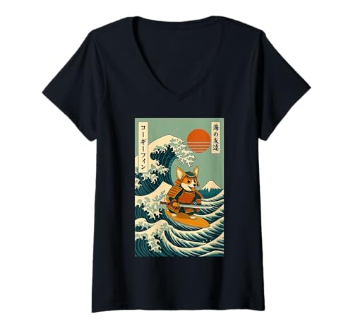 Damen Corgi Samurai Surfen Japanische Welle Katana T-Shirt mit V-Ausschnitt Damen Corgi Samurai Surfen Japanische Welle Katana T-Shirt mit V-Ausschnitt von Corgi Surfer Große Welle Anime Kawaii Ästhetik