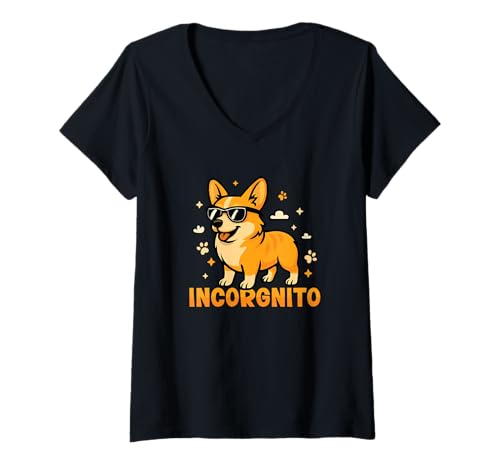Damen Corgi Incorgnito Pun Corgi mit Sonnenbrille Corgi Lover T-Shirt mit V-Ausschnitt Damen Corgi Incorgnito Pun Corgi mit Sonnenbrille Corgi Lover T-Shirt mit V-Ausschnitt von Corgi Themed Designs for Corgi Enthusiasts