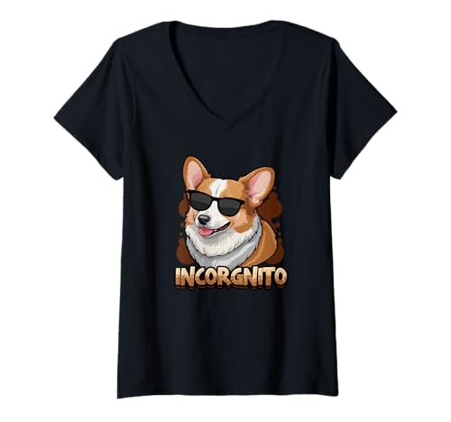 Damen Corgi Incorgnito Pun Corgi mit Sonnenbrille Corgi Lover T-Shirt mit V-Ausschnitt Damen Corgi Incorgnito Pun Corgi mit Sonnenbrille Corgi Lover T-Shirt mit V-Ausschnitt von Corgi Themed Designs for Corgi Enthusiasts