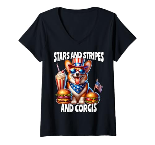 Damen Corgi July 4th Of July Corgi T-Shirt mit V-Ausschnitt von Corgi US 4. Juli Amerika US Damen Herren