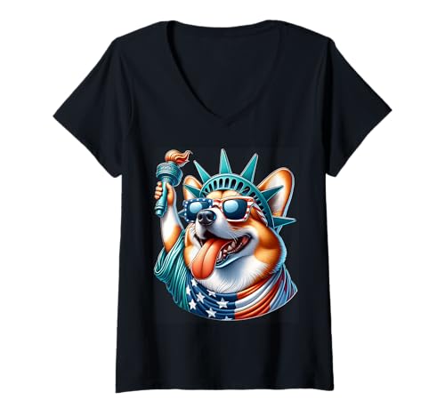 Damen July 4th Of July Corgi T-Shirt mit V-Ausschnitt Damen July 4th Of July Corgi T-Shirt mit V-Ausschnitt von Corgi US 4. Juli Amerika
