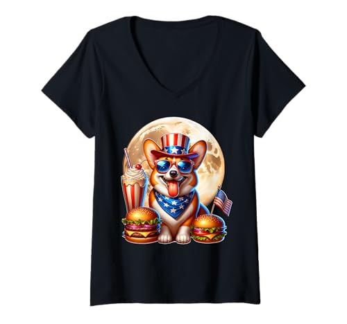 Damen Corgi July 4th Of July Corgi T-Shirt mit V-Ausschnitt von Corgi US US 4. Juli Amerika Herren Damen