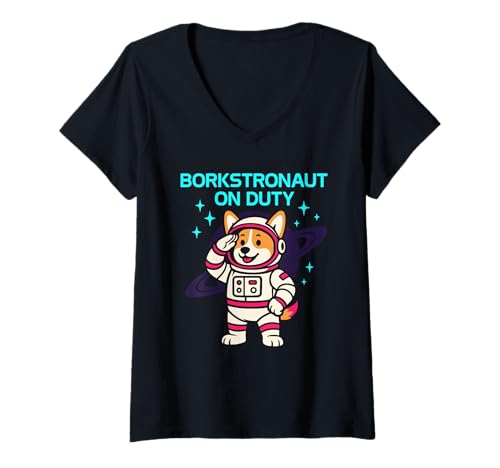 Damen Lustiger Corgi Weltraumhund Astronaut Corgi Lover Galaxy Pet Humor T-Shirt mit V-Ausschnitt Damen Lustiger Corgi Weltraumhund Astronaut Corgi Lover Galaxy Pet Humor T-Shirt mit V-Ausschnitt von Corgi in Space Cosmic Corgi Sci Fi Dog Space Pet