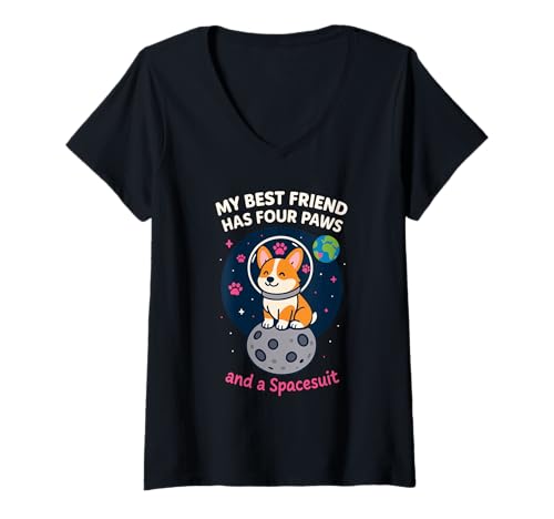 Damen Lustiger Corgi Weltraumhund Astronaut Corgi Lover Galaxy Pet Humor T-Shirt mit V-Ausschnitt Damen Lustiger Corgi Weltraumhund Astronaut Corgi Lover Galaxy Pet Humor T-Shirt mit V-Ausschnitt von Corgi in Space Cosmic Corgi Sci Fi Dog Space Pet