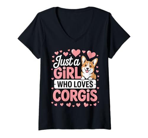 Damen Just A Girl Who Loves Corgis T-Shirt mit V-Ausschnitt Damen Just A Girl Who Loves Corgis T-Shirt mit V-Ausschnitt von Corgi mutter Mädchen Welsh Corgi