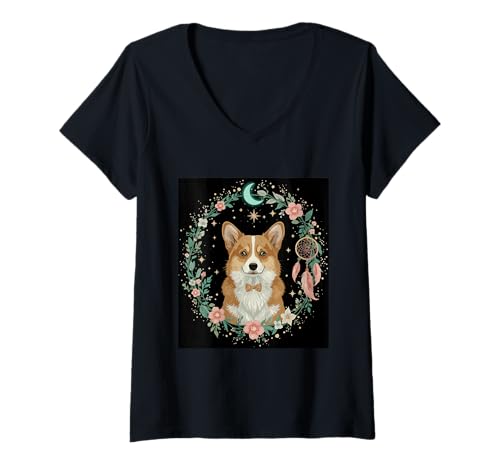 Damen Corgi Dreamland Hund Welpe Treue Haus Hund Wohnung Hund T-Shirt mit V-Ausschnitt Damen Corgi Dreamland Hund Welpe Treue Haus Hund Wohnung Hund T-Shirt mit V-Ausschnitt von Corgi's Magical Nighttime Family Pet Dream