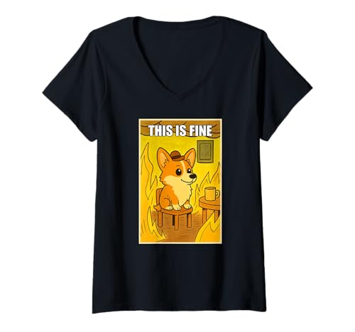 Damen Lustiger Corgi Dog This Is Fine Humor Meme Men Women T-Shirt mit V-Ausschnitt Damen Lustiger Corgi Dog This Is Fine Humor Meme Men Women T-Shirt mit V-Ausschnitt von CorgiAxis1