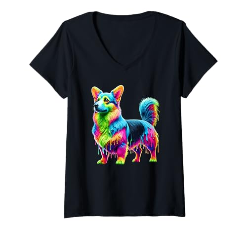Damen Paint Art Cardigan Welsh Corgi Corgis T-Shirt mit V-Ausschnitt Damen Paint Art Cardigan Welsh Corgi Corgis T-Shirt mit V-Ausschnitt von Corgis Corgi Dog Gifts