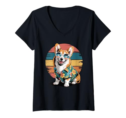 Damen Pembroke Welsh Corgi Sonnenbrille Hawaii Strand Sommer T-Shirt mit V-Ausschnitt von Corgis Corgi Dog Gifts
