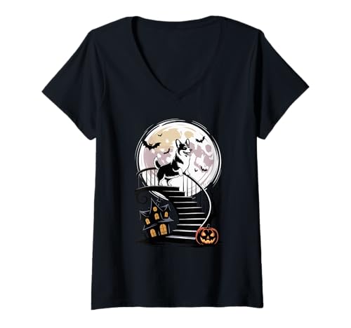 Damen Spooky Halloween Mond Pembroke Welsh Corgi Corgis T-Shirt mit V-Ausschnitt Damen Spooky Halloween Mond Pembroke Welsh Corgi Corgis T-Shirt mit V-Ausschnitt von Corgis Corgi Dog Gifts
