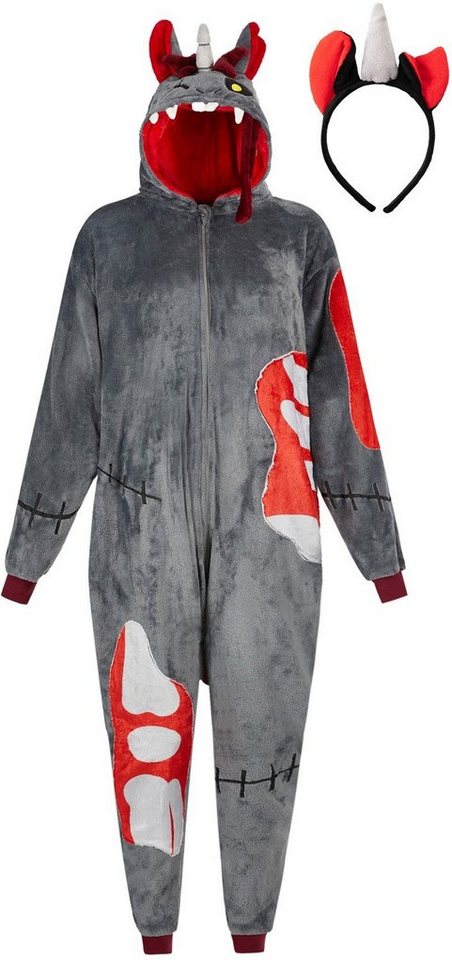 Corimori Jumpsuit Flauschiges Zombie Einhorn Kostüm für Kinder mit Haarreif,  Karneval (2-tlg) Jumpsuit, Fasching, Kigurumi, Halloween, Grusel Zombie Einhorn "Doomy" von Corimori