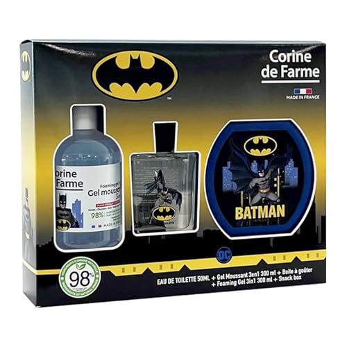 Corine de Farme - Batman Set mit Eau de Toilette 50 ml, Schaumbad 300 ml und Brotdose – Geschenk für Jungen – Duft für Kinder mit Blumenmoschus – fruchtiges Gel 3-in-1 von Corine de Farme