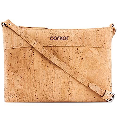 Corkor Vegane Umhängetasche Damen Geldbeutel Schultertaschen Handtasche Schulter Natur-Leder Natur Korkleder Hellbraun von Corkor