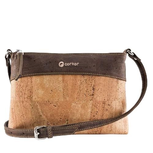 Corkor Vegane Umhängetasche Damen Geldbeutel Schultertaschen Handtasche Schulter Natur-Leder Natur Korkleder Dunkelbraun von Corkor