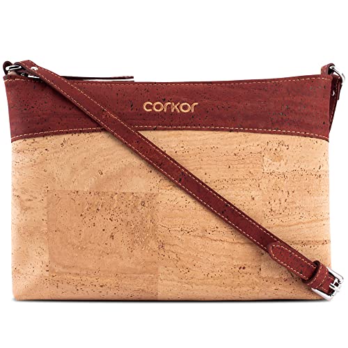 Corkor Vegane Umhängetasche Damen Geldbeutel Schultertaschen Handtasche Schulter Natur-Leder Natur Korkleder Rot von Corkor