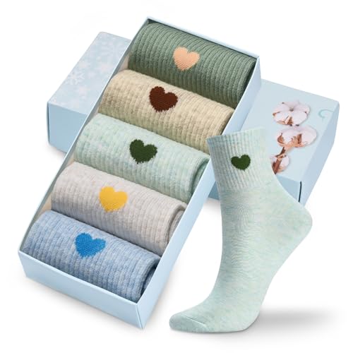 Corlap Damen Crew Socken knöchelhoch Baumwolle Spaß Niedlich Athletic Laufsocken Geschenke für Frauen (5 Paar mit Geschenkbox), 5 Paar Alltagsfarben, 37-42 EU von Corlap