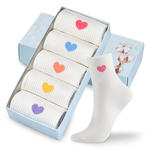 Corlap Damen Crew Socken knöchelhoch Baumwolle Spaß Niedlich Athletic Laufsocken Geschenke für Frauen (5 Paar mit Geschenkbox), 5 Paar Weiß, 37-42 EU von Corlap