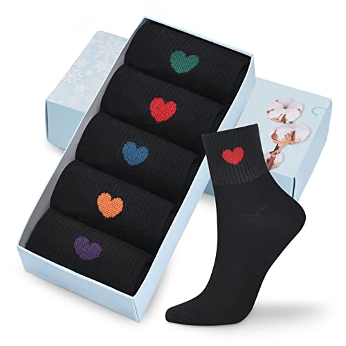 Corlap Damen-Laufsocken aus Baumwolle, knöchelhoch, lustiges Herz-Design, 5 Paar (Geschenkbox), 5 Paar schwarz, 42-44.5 EU von Corlap