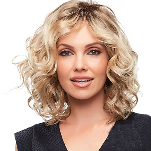 Kurze Bob Lockige Perücke Frauen, Blonde Perücke Schulterlange Mittelscheitel Perücken Synthetik Kurz Bob Wellen Gewellt Perücke Damen Tägliches Tragen von Corlidea