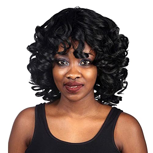 Perücke Schwarz Damen Kurze Bob Locken Perücken für Frauen Natürliche Synthetische Haare mit Bangs Perücke Party/Kostüm Lace Front Wig von Corlidea