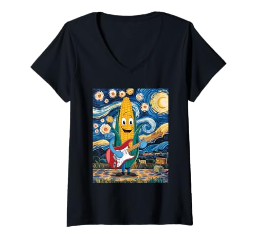 Damen Sternennacht Mais T-Shirt mit V-Ausschnitt Damen Sternennacht Mais T-Shirt mit V-Ausschnitt von Corn Guitar