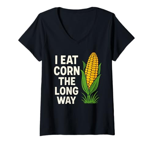 Damen I Eat Corn The Long Way Lustiges Gemüse Retro T-Shirt mit V-Ausschnitt Damen I Eat Corn The Long Way Lustiges Gemüse Retro T-Shirt mit V-Ausschnitt von Corn Lover Retro Food Humor