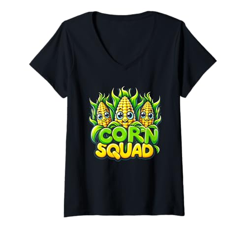 Damen Corn Squad Zuckermais Gemüse DREI Hühneraugen Meme Kawaii Vegan T-Shirt mit V-Ausschnitt Damen Corn Squad Zuckermais Gemüse DREI Hühneraugen Meme Kawaii Vegan T-Shirt mit V-Ausschnitt von Corn Squad Sweetcorn Vegetable Three Corns