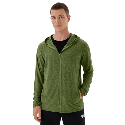 Herren-Jacke mit durchgehendem Reißverschluss, leichte Laufjacke, atmungsaktive Kapuzenjacke mit Daumenlöchern, Oliv/Blatt für mich (Leaf It to Me), Large von Corna