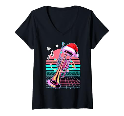 Damen Weihnachten Synthwave Kornett Kornettist T-Shirt mit V-Ausschnitt Damen Weihnachten Synthwave Kornett Kornettist T-Shirt mit V-Ausschnitt von Cornet Player Gifts
