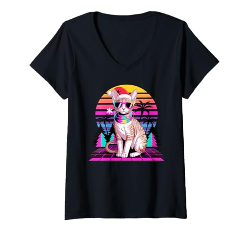 Damen Christmas Synthwave Cornish Rex Sunglasses T-Shirt mit V-Ausschnitt von Cornish Rex Cat Lover Gifts