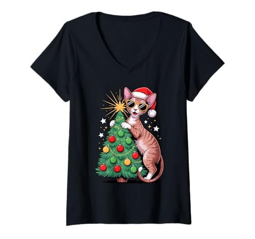 Damen Christmas Tree Cornish Rex Sunglasses T-Shirt mit V-Ausschnitt Damen Christmas Tree Cornish Rex Sunglasses T-Shirt mit V-Ausschnitt von Cornish Rex Cat Lover Gifts
