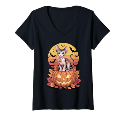 Damen Halloween Retro Cornish Rex T-Shirt mit V-Ausschnitt Damen Halloween Retro Cornish Rex T-Shirt mit V-Ausschnitt von Cornish Rex Cat Lover Gifts