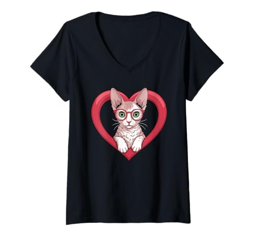 Damen Herz Cornish Rex Brille T-Shirt mit V-Ausschnitt Damen Herz Cornish Rex Brille T-Shirt mit V-Ausschnitt von Cornish Rex Cat Lover Gifts