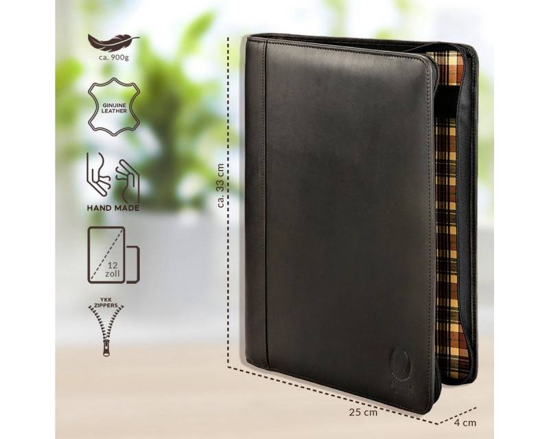 Corno d´Oro Aktenmappe für bis 12 Zoll Tablet iPad Handmade Konferenzmappe A4 Leder Schwarz, Schreibmappe mit Reißverschluss, RFID Schutz, im Geschenkbox von Corno d´Oro