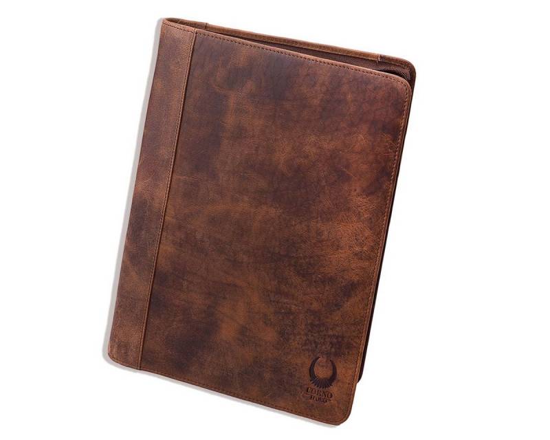 Corno d´Oro Aktenmappe für bis 12 Zoll Tablet iPad Handmade Schreibmappe A4 Leder Braun, Konferenzmappe mit Reißverschluss, RFID Schutz, im Geschenkbox von Corno d´Oro