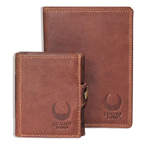 Corno d´Oro Geschenkset für Männer I RFID Leder Slim Wallet mit Münzfach & Reisepasshülle braun für Kreditkarten, Reisepass, Impfpass I Kreditkartenetui für Herren braun von Corno d´Oro