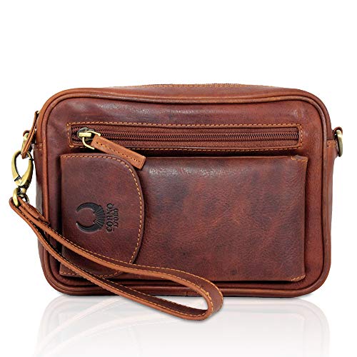 Corno d´Oro Handgefertigte Umhängetasche Herren Klein Leder I Premium Handgelenktasche Echt Leder für Mini Tablet bis 8 Zoll I Herrenhandtasche zum umhängen Ledertasche Braun von Corno d´Oro