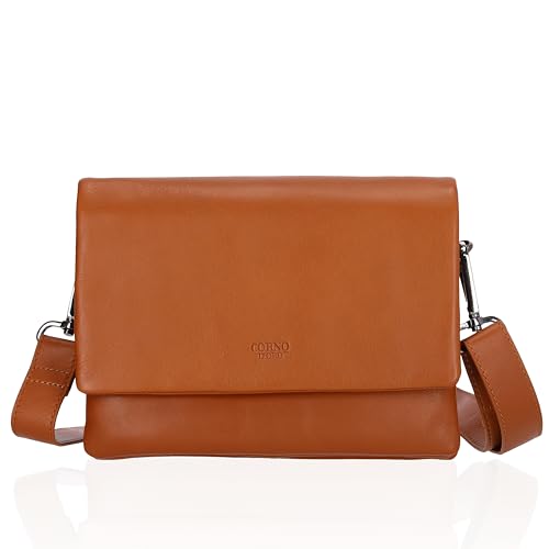 Corno d´Oro Handmade Handtasche Damen Mittelgroß aus Leder I Premium Crossbody Bag mit vielen Fächern und breitem Schultergurt I Ledertasche Cognac Elegant Kimberly von Corno d´Oro