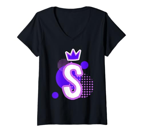 Damen Buchstabe S Name Initiale Alphabet Coronated Monogramm Party T-Shirt mit V-Ausschnitt Damen Buchstabe S Name Initiale Alphabet Coronated Monogramm Party T-Shirt mit V-Ausschnitt von Coronated Monogram Initials A to Z