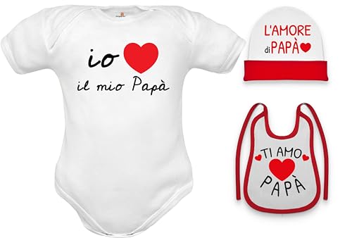 Babybody aus Baumwolle mit Spruch Ich liebe mein Papa kurz oder aus warmer Baumwolle Langarm Set mit Lätzchen Mütze und Baby-Strampler, Set Papa Body halbe Ärmel Hut Lätzchen, 3-6 Monate von Corredino Neonato