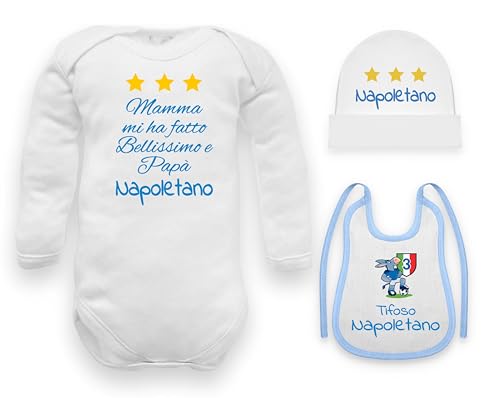 Neapel Babybody Mama machte mich schön und Papa Neapolitanischer Langarm aus warmer Baumwolle, Neapel Baby Set Schöne Body Hut Lätzchen, 0-3 Monate von Corredino Neonato