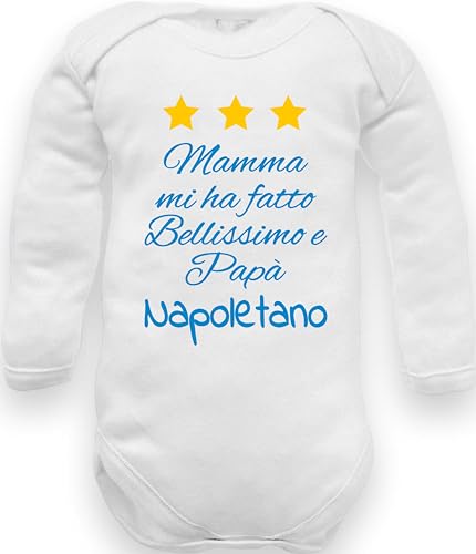 Neapel Babybody Mama machte mich schön und Papa Neapolitanischer Langarm aus warmer Baumwolle, Strampler Napoli Schön Warm Baumwolle, 0-3 Monate von Corredino Neonato