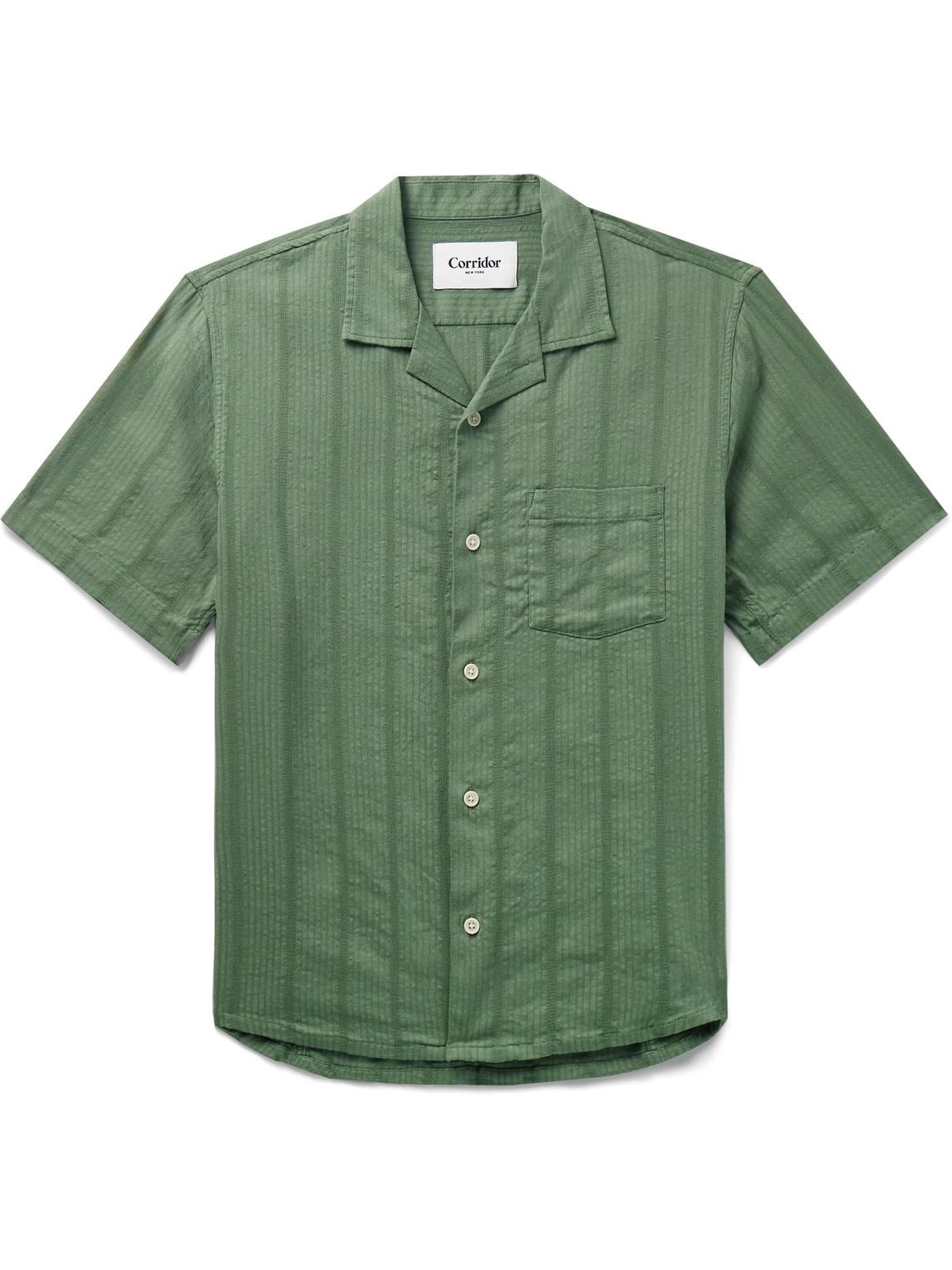 Corridor - Camp-Collar Striped Cotton-Blend Seersucker Shirt - Men - Green - XL von Corridor
