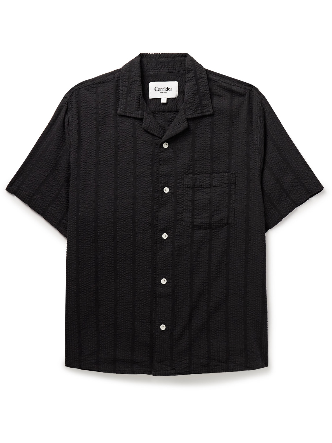 Corridor - Camp-Collar Striped Cotton-Seersucker Shirt - Men - Black - L von Corridor