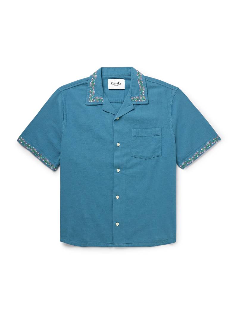 Corridor - Convertible-Collar Embroidered Cotton-Hopsack Shirt - Men - Blue - M von Corridor