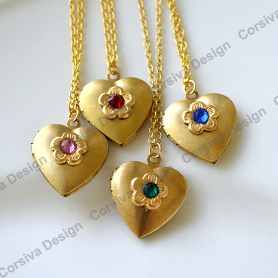 Herz Medaillon Halskette Birthstone Strass Zierliche Kirsche Blume Rohmessing Herz Medaillon Halskette Birthstone Strass Zierliche Kirsche Blume Rohmessing von CorsivaDesign