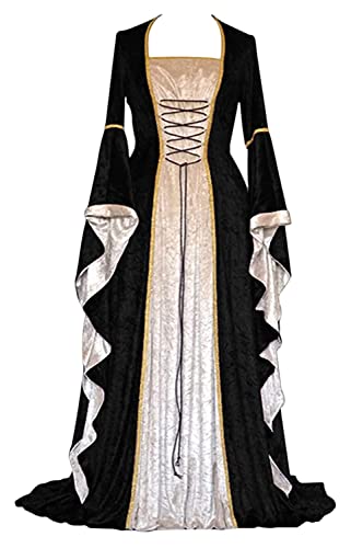 CosCool Damen Retro Mittelalter Kleid mit Trompetenärmel, Mittelalterliche Viktorianischen Königin Kleider Renaissance Gotisch Maxikleid Karneval Halloween Party Prinzessin Kostüm Schwarz XL von CosCool