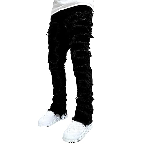 CosTribe Herren Stacked Jeans Slim Fit Zerrissene Jeans Destroyed Straight Denim Pants Harajuku Hip Hop Hose Streetwear, Schwarz, Mittel von CosTribe