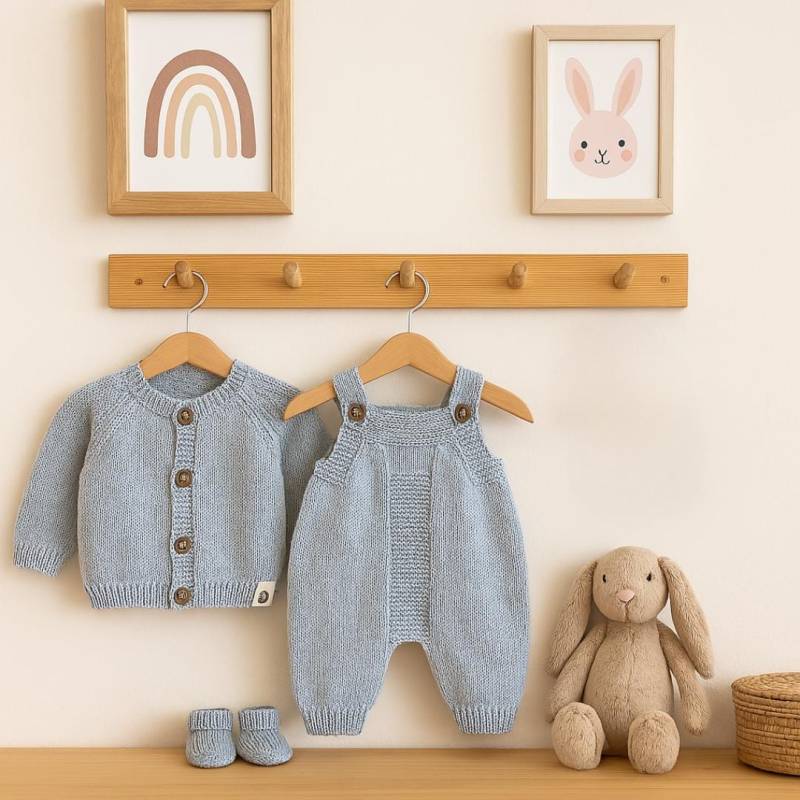 Handmade Ice Blue Baby Outfit Set - Bio-Baumwolle Strickjacke, Strampler & Booties Neugeborenes Geschenk Stricken Dusche von CosababyOrganics